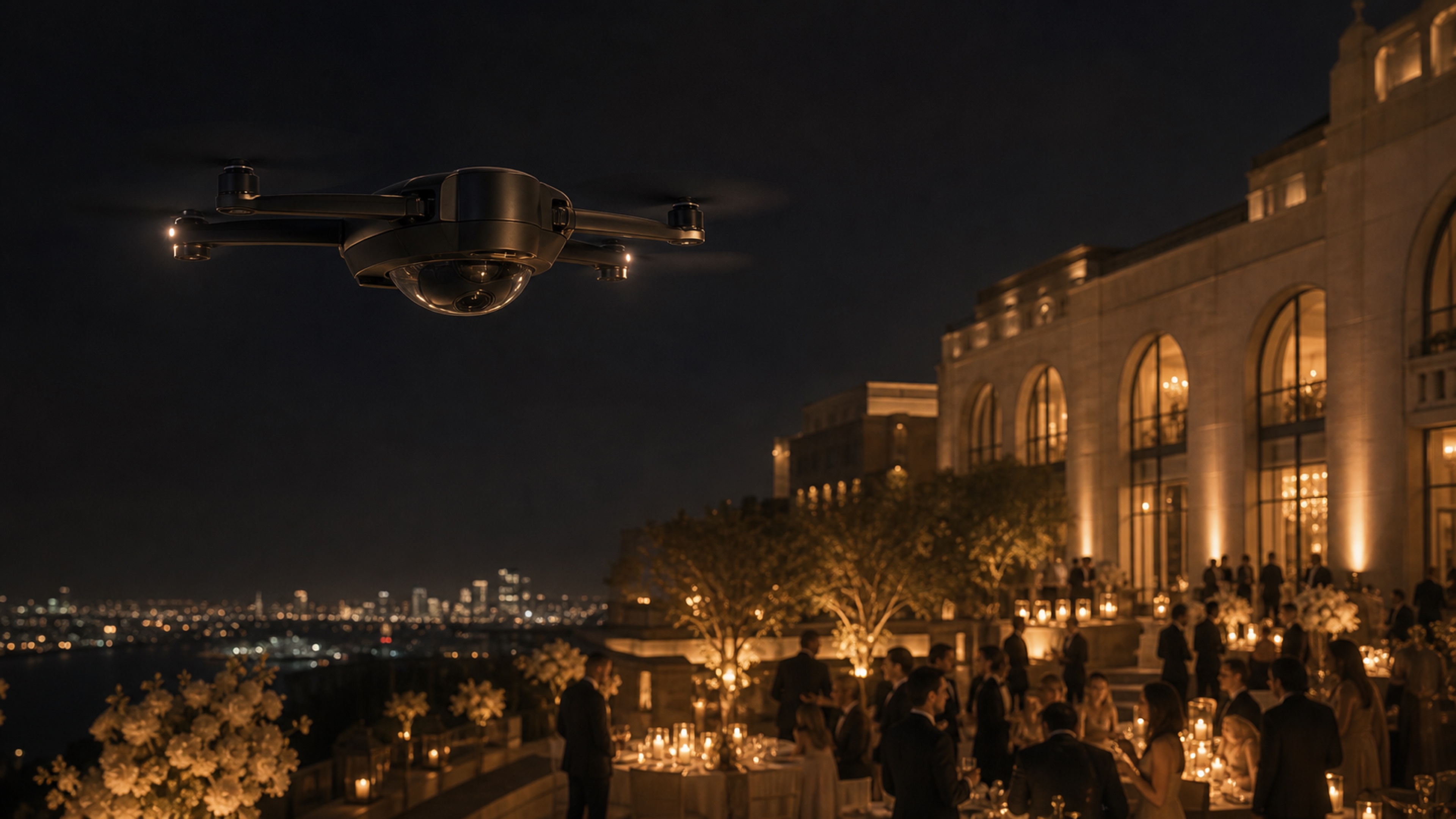 Luxury cinematic aerial visual over a wedding venue at dusk