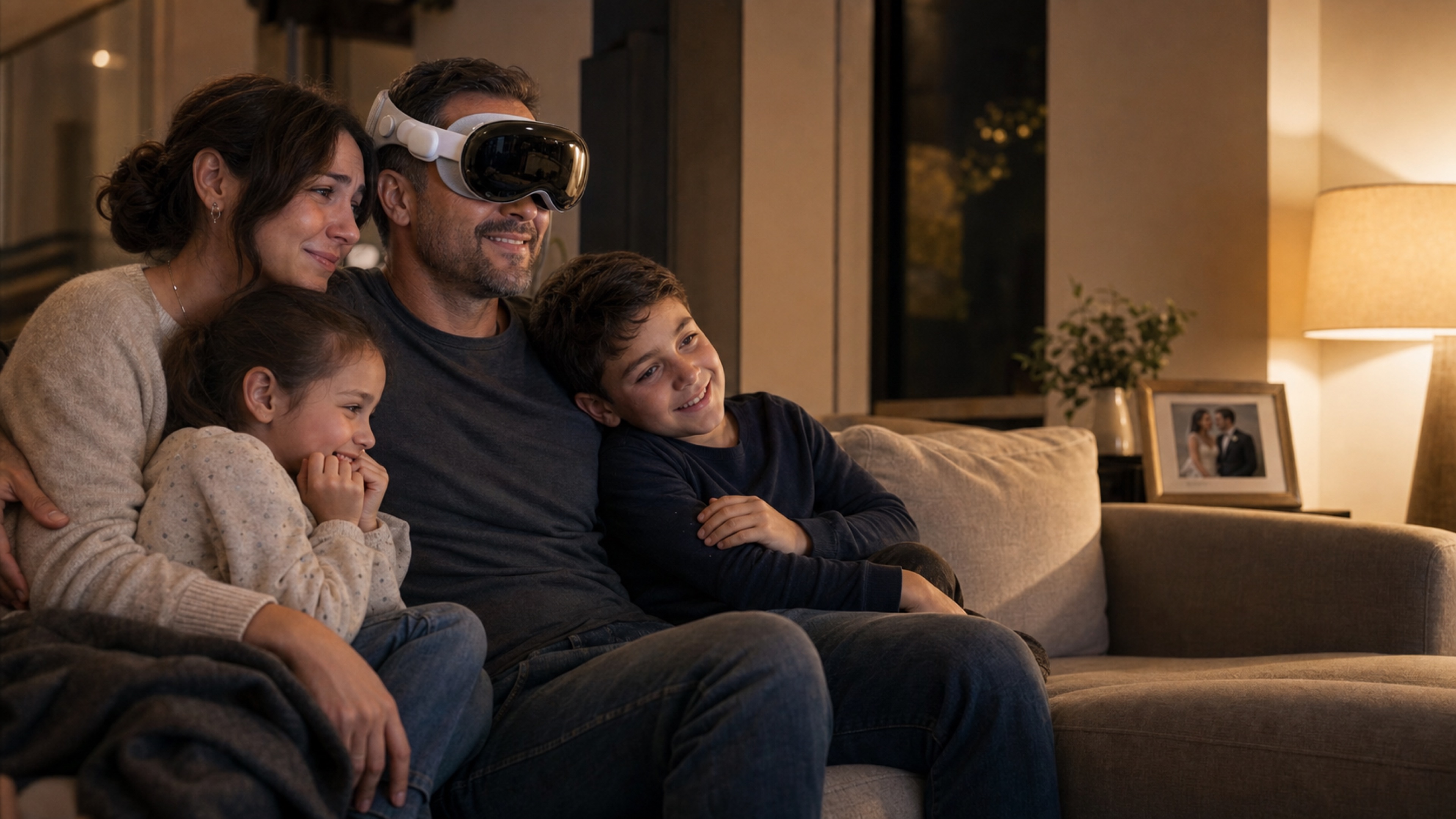 Family revisiting wedding memories through an Apple Vision Pro style immersive viewing experience