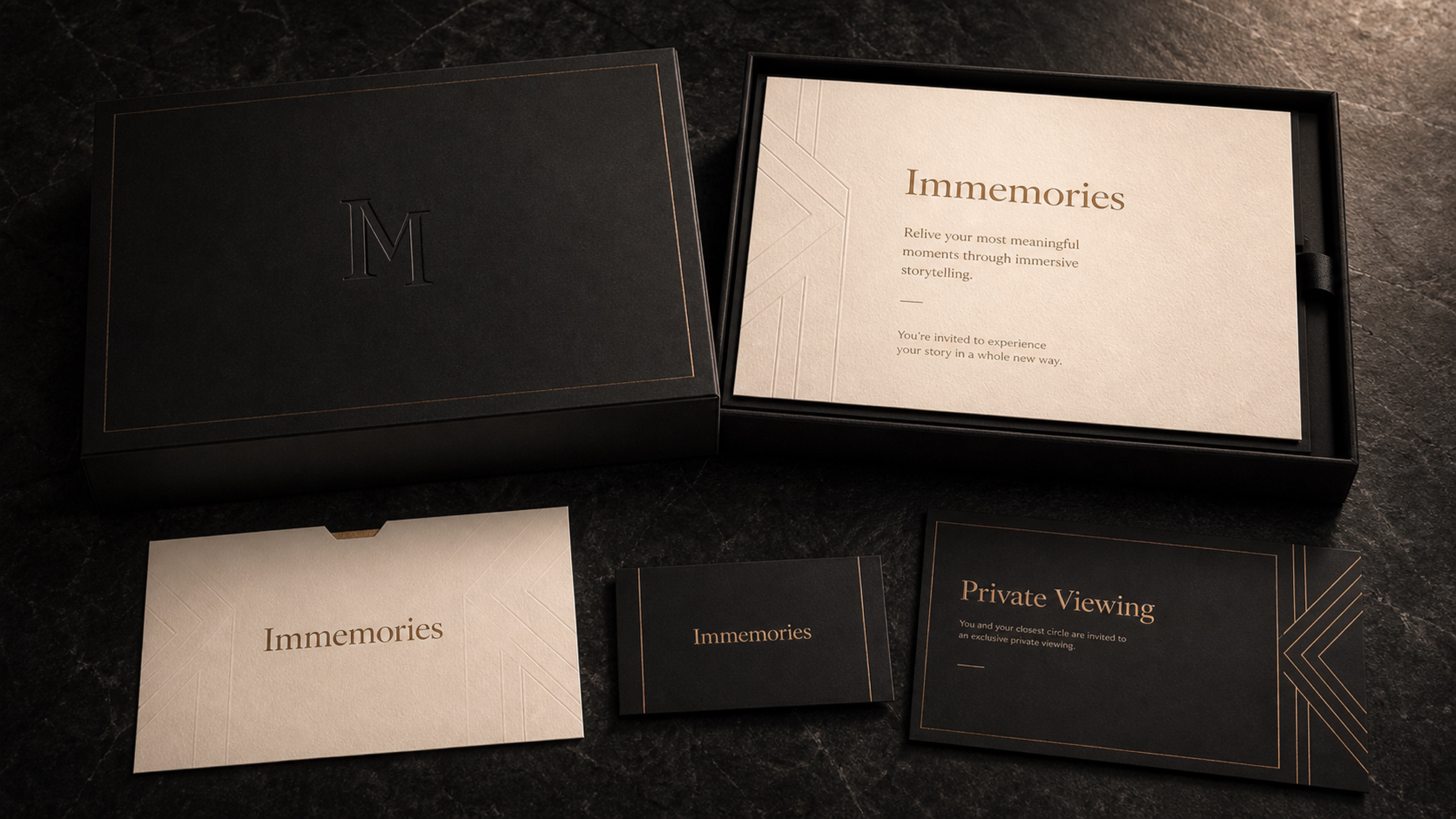Immemories luxury brand collateral and private viewing invitation