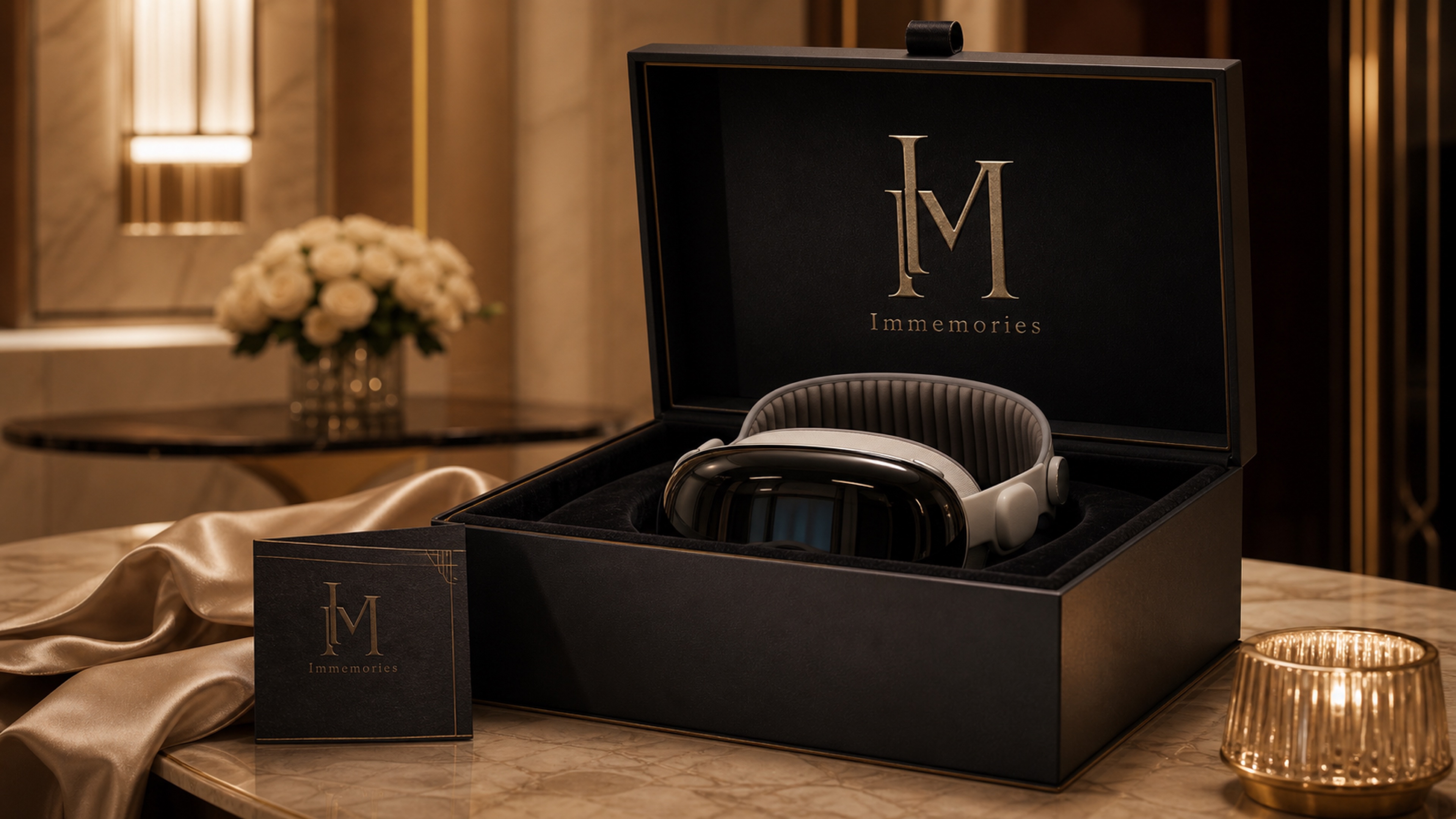 Immemories gift package with an Apple Vision Pro style viewing device