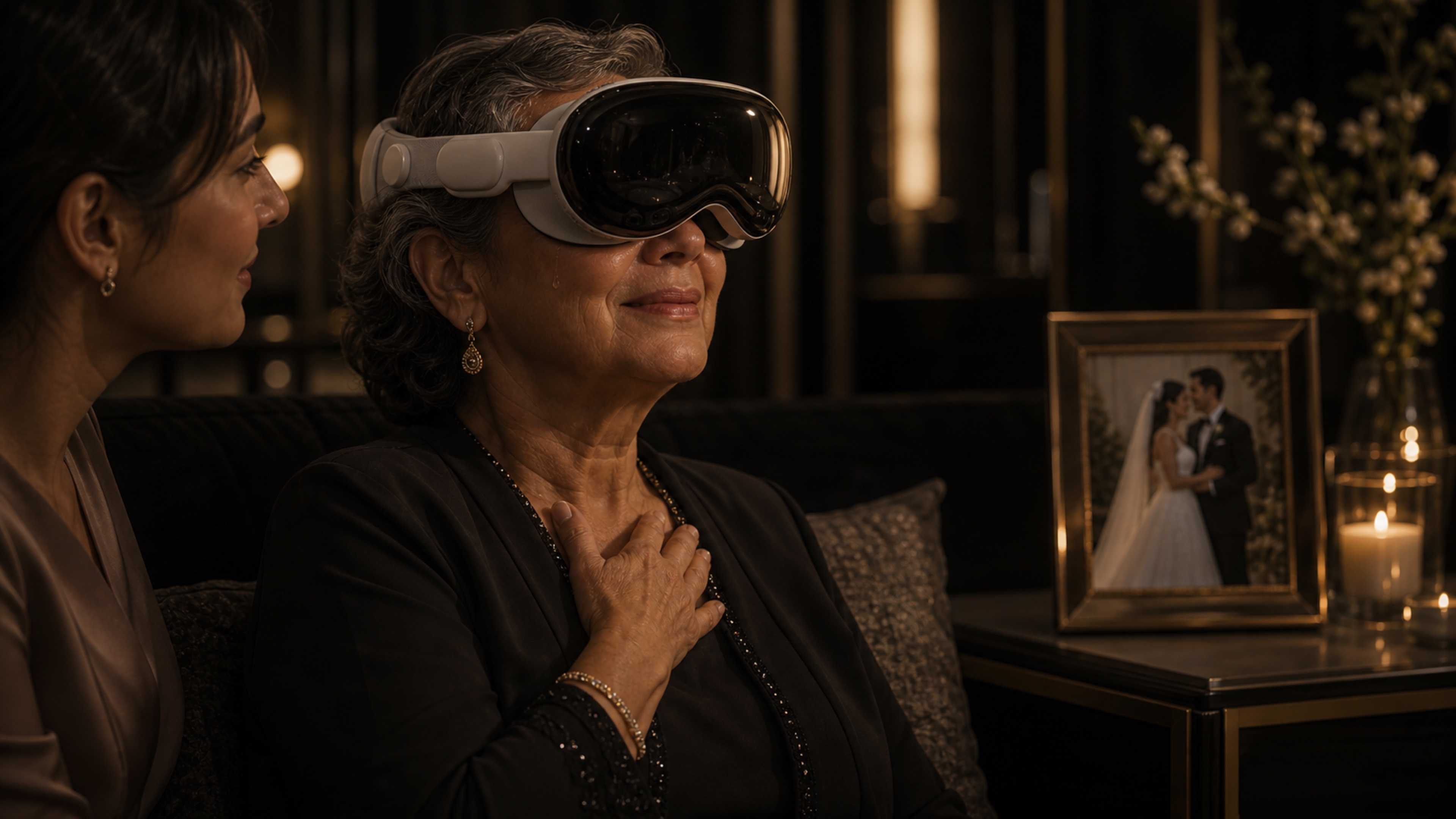 Older mother emotionally revisiting wedding memories through an Apple Vision Pro style headset