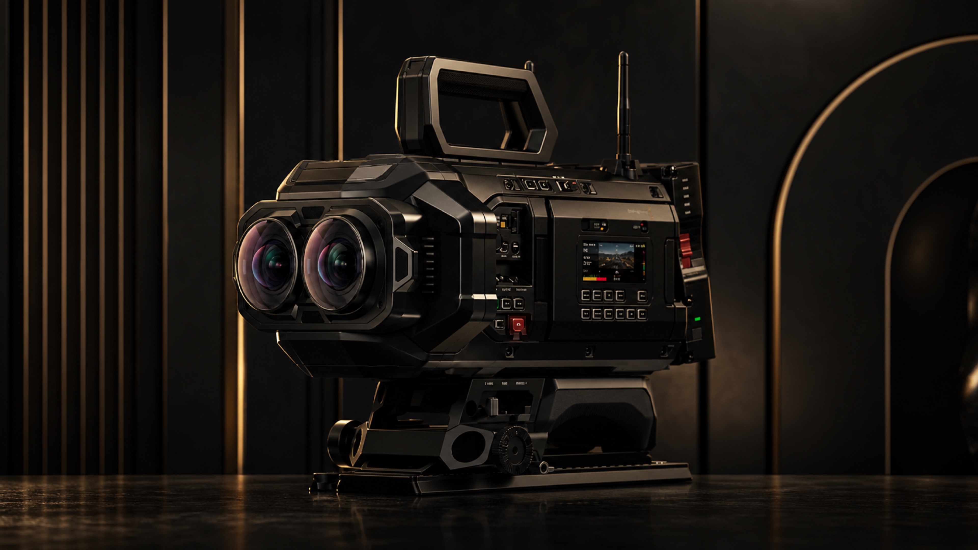 Dual lens immersive cinema tool in a luxury studio setting